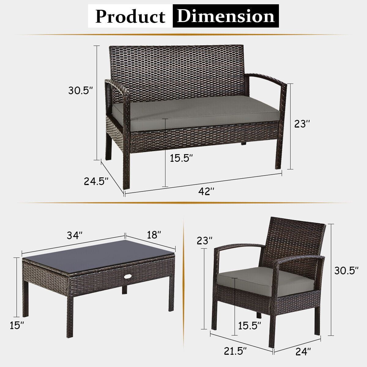 4PCS Outdoor Patio Rattan Furniture Set Cushioned Sofa Coffee Table Deck