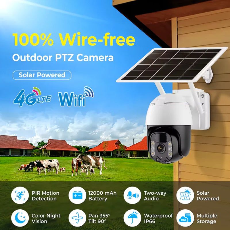 Solar-Powered 2K PTZ Security Camera with Motion Tracking and Night Vision